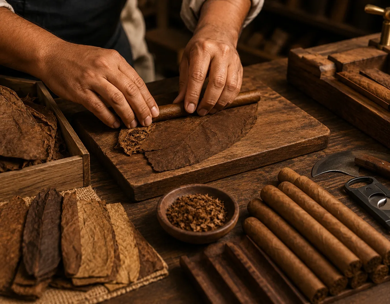 Hands rolling a cigar from tobacco leaves on a wooden board
